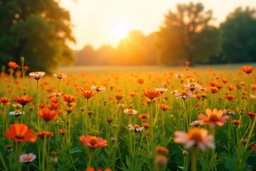 Obraz premium Golden hour sunlight bathes a vast field of wildflowers, swaying gently in the warm summer breeze A perfect image for tranquility, summer, and nature themes , nature, season