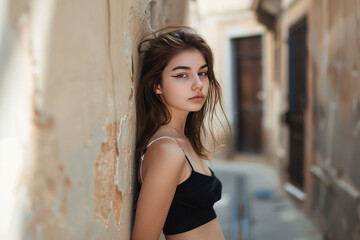 Fototapeta premium A young woman in a sunlit room looking over her shoulder with an enigmatic gaze
