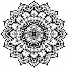 Intricate black and white mandala design offers serene beauty and spiritual tranquility for wellness projects