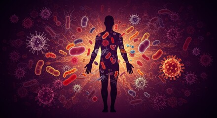 Human Body Defense System - A silhouette of a human surrounded by viruses and bacteria, symbolizing immunity, health, protection, vulnerability, and microscopic world