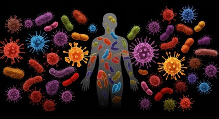 Human Body Defense System Against Viruses and Bacteria - Microscopic battle: Colorful viruses and bacteria surround a human silhouette, symbolizing infection, immunity, protection, health, and