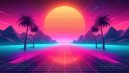Fototapeta premium neon synthwave landscape with palm trees sun and mountains
