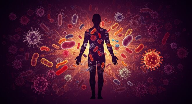 Human Body Defense System - A silhouette of a human surrounded by viruses and bacteria, symbolizing immunity, health, protection, vulnerability, and microscopic world