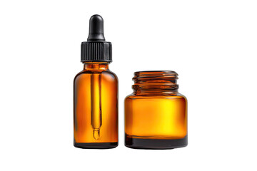 Two amber glass bottles, one with a dropper top, the other open,  suggesting skincare or cosmetic products.  A studio shot highlights the textures and colors