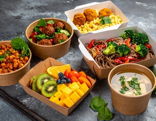 Healthy takeaway meals in eco-friendly containers: fruit salad, fresh veggie bowls, pasta with meatballs, soba noodles, and herbal soup.