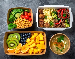 Healthy takeaway meals in eco-friendly containers: fruit salad, fresh veggie bowls, pasta with meatballs, soba noodles, and herbal soup.