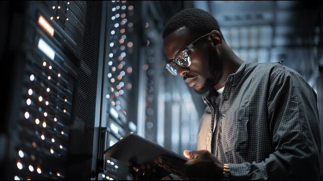 Expert Technician Monitors Data Systems in a Secure Server Room During Late Night Hours