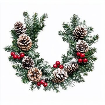 A Christmas wreath with pine cone and christmas cherry and snowy decoration christmas wreath snow-covered.