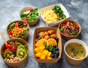 Healthy takeaway meals in eco-friendly containers: fruit salad, fresh veggie bowls, pasta with meatballs, soba noodles, and herbal soup.