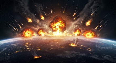 Meteors Strike Earth Global Devastation - Fiery meteors bombard Earth, causing widespread explosions and devastation. Symbolising apocalypse, destruction, impact, chaos, and extinction