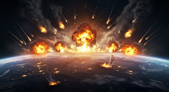Meteors Strike Earth Global Devastation - Fiery meteors bombard Earth, causing widespread explosions and devastation. Symbolising apocalypse, destruction, impact, chaos, and extinction