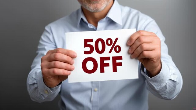 Man announces half price sale while promoting discounts