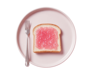 Pink jam-covered toast on a pastel pink plate, with a silver fork