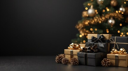 Luxury Christmas composition with black and gold gift boxes pine cones and festive tree lights on dark elegant background