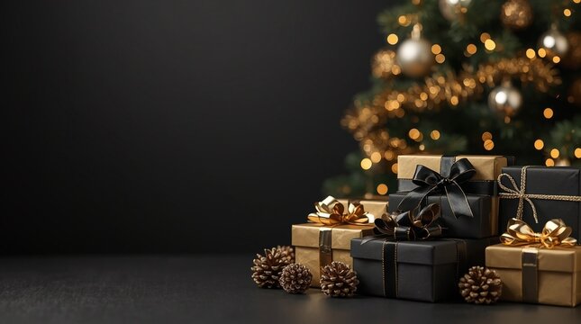 Luxury Christmas composition with black and gold gift boxes pine cones and festive tree lights on dark elegant background