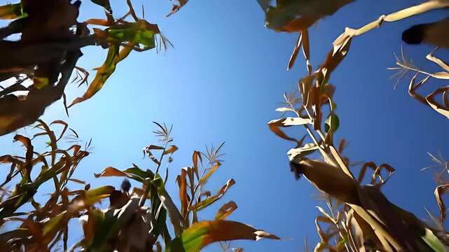 Camera navigates a disorienting tall corn maze, looking up at the vast sky through rustling dry stalks, creating a sense of wonder and isolation.