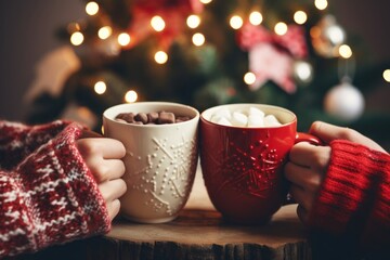 Hands holding steaming hot cocoa mugs christmas coffee drink.