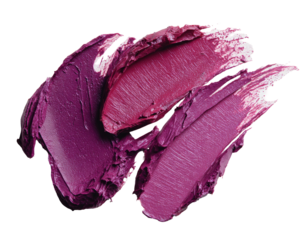 Close-up of two swirled, textured swatches of deep purple-pink lipstick