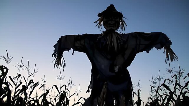 Low angle view of a terrifying scarecrow in a costume, standing motionless in a cornfield at twilight, silhouetted against the darkening sky.