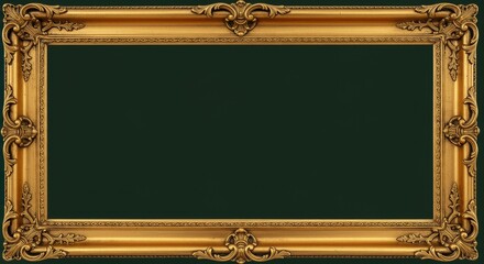 Ornate Gold Frame Dark Green Background - Elegant gold frame, dark green backdrop, ornate details, luxurious design, empty space for text or .