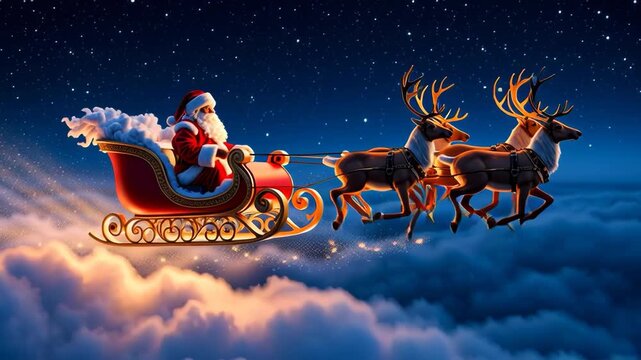 Santa rides in his sleigh, pulled by reindeer, soaring through the starry night sky filled with fluffy clouds during the Christmas season