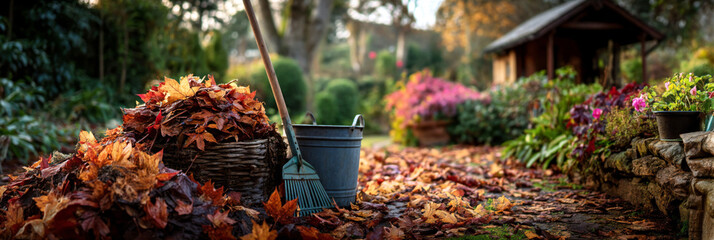 Pile of autumn leaves with rake and compost bucket in cozy garden for eco-friendly gardening and seasonal cleanup compost