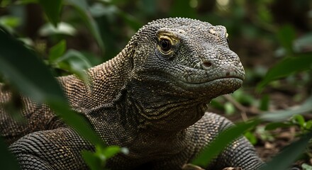 Obraz premium Komodo Dragon Lizard in Lush Greenery.