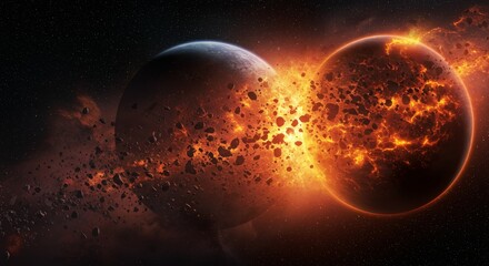 Planetary Collision Cosmic Event - Two planets collide in a fiery cosmic event, debris scattering across space. A dramatic scene of celestial destruction