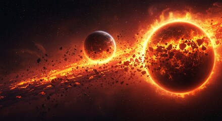 Planetary Collision Cosmic Inferno - Fiery cosmic event, two planets colliding, debris field, intense heat, destruction and rebirth. Symbolizing change, chaos, power, destruction, and renewal