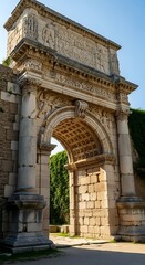 Obraz premium Majestic ancient stone archway, meticulously carved with intricate designs, leads into a sun-drenched garden, showcasing a timeless structure.