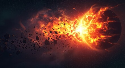 Planetary Collision Inferno Cosmic Debris - Fiery cosmic event, planets colliding, debris flying, destruction, rebirth. Symbolizing chaos, creation, destruction, renewal, and power
