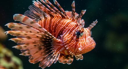 Red Lionfish Face Closeup - A detailed closeup of a red lionfish, symbolizing beauty, danger, ocean life, exoticism, and marine wildlife