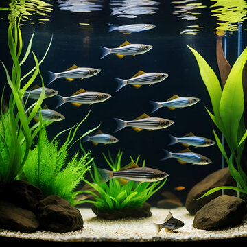 shoal of adult pencilfish healthy pets in nature biotope design aquarium, dim light with brown tannin stained water, ornamental blackwater fish from Rio Negro