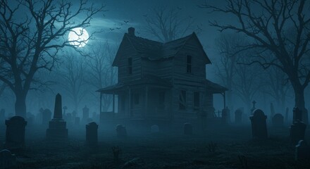 Spooky House Among the Trees and Graves - A haunted house sits amidst a graveyard shrouded in mist under a full moon. Mystery, suspense, darkness, solitude, and the supernatural are symbolized