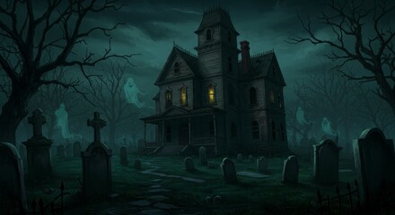 Spooky House Near Graveyard at Night - A haunted Victorian house stands near a spooky graveyard at night, with ghostly figures and eerie ambiance.