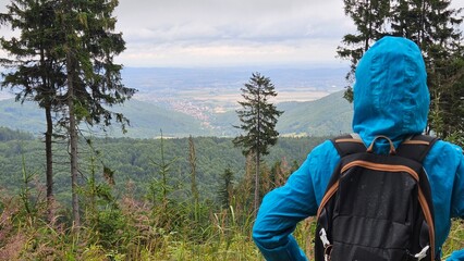Hiker in blue rain jacket admires panoramic mountain landscape and distant valley from forest clearing. Outdoor adventure, trek, travel, exploring nature in all weather