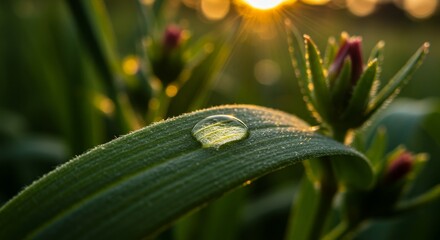 Sunrise Dewdrop Macro on Leaf - A single dewdrop rests on a leaf at sunrise, symbolizing nature's beauty, purity, freshness, new beginnings, and tranquility