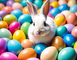 White bunny surrounded by colorful Easter eggs