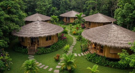 Tropical Garden Retreat: Round Houses and Lush Greenery - Peaceful escape, serene tropical garden, unique round houses, bamboo architecture, eco-friendly getaway.