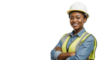 Confident woman construction worker in safety gear smiling at the camera in a professional setting
