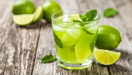 Refreshing lime drink on rustic wood