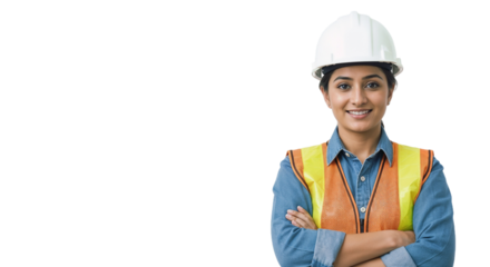 Female construction worker stands confidently at a job site wearing safety gear while smiling