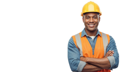 Construction worker in safety gear smiles confidently in a bright environment while promoting workplace safety and positivity