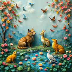 Animals in a forest, kid's room wall decor 