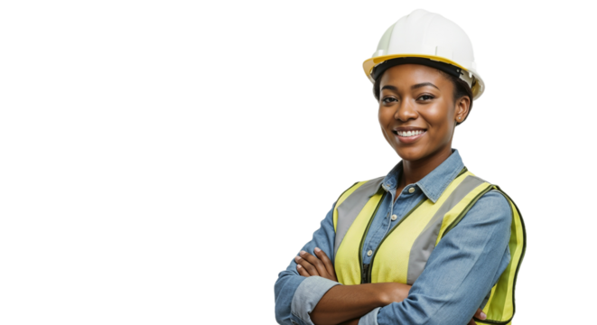 Confident woman construction worker in safety gear smiling at the camera in a professional setting