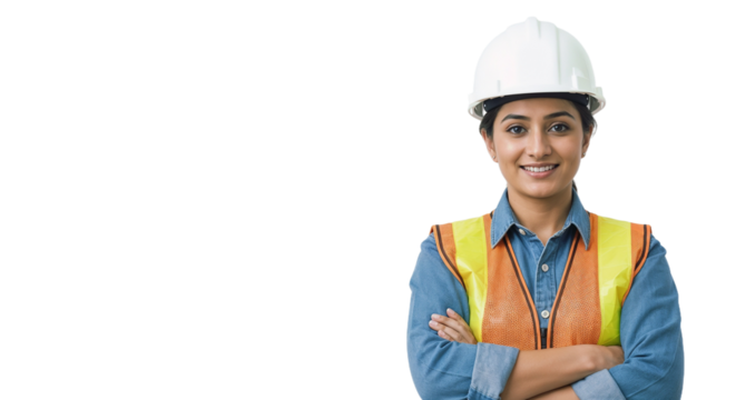 Female construction worker stands confidently at a job site wearing safety gear while smiling