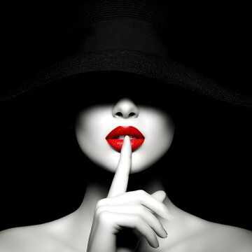 Mystery Woman in Black Hat with Red Lips, Shhh Gesture Minimal Portrait, Fashion Noir Silence Concept.Generative AI