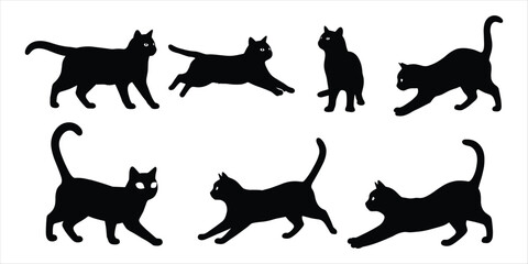 Collection of black cat silhouettes in various playful poses on white Keywords: cat, silhouette, black