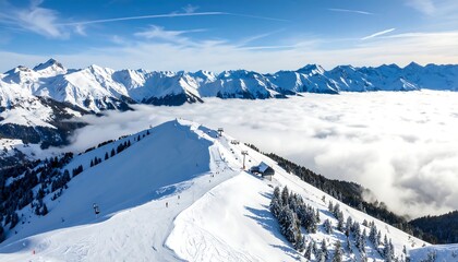 Snowy mountain range with ski slopes