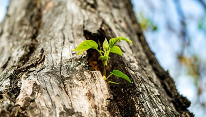 New life sprouts from a crack in an old tree trunk